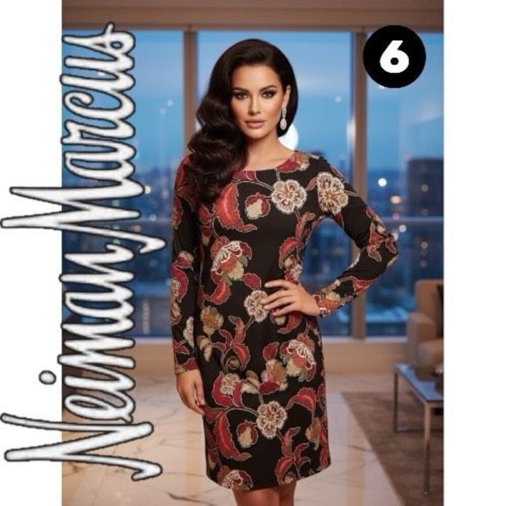 Neiman Marcus Women's Floral Round Neck Long Sleeve Mini Dress Black Red Sz 6